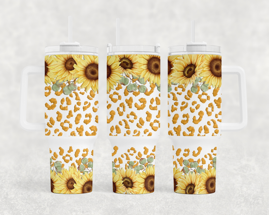 40 oz 2 piece Tumbler Sublimation Pretty Yellow Sunflower Floral and Leopard spots design print transfer