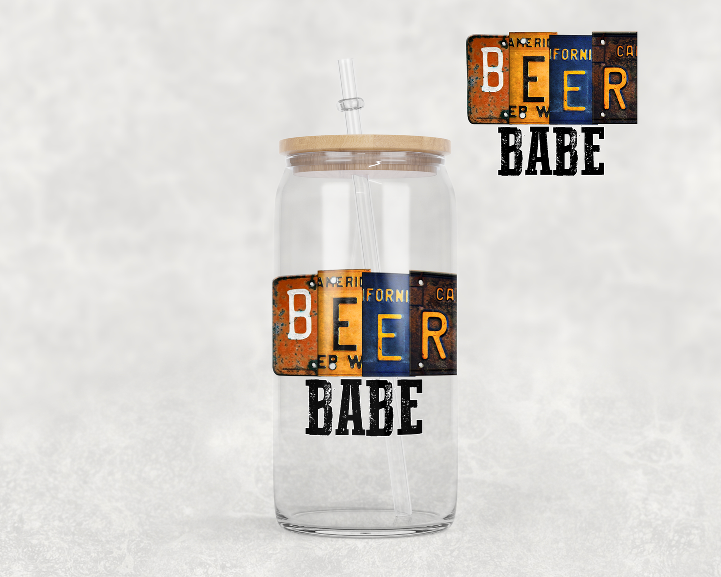 16 oz Libbey Glass Can Tumbler Sublimation Design License Plate Beer Babe Use on Shirt mug