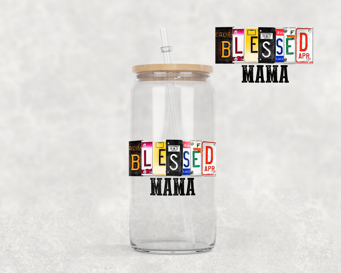 16 oz Libbey Glass Can Tumbler Sublimation Design License Plate Blessed Mama Use on Shirt mug