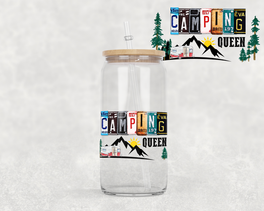 16 oz Libbey Glass Can Tumbler Sublimation Design License Plate Camping Queen on Shirt mug