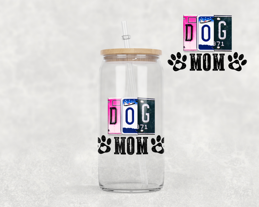 16 oz Libbey Glass Can Tumbler Sublimation Design License Plate Dog Mom on Shirt mug