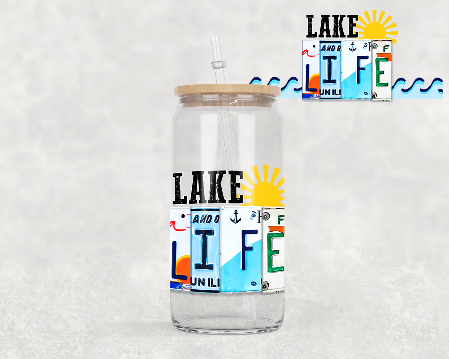 16 oz Libbey Glass Can Tumbler Sublimation Design License Plate Lake Life on Shirt mug
