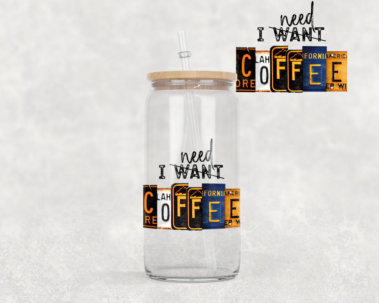 16 oz Libbey Glass Can Tumbler Sublimation Design License Plate I Need Coffee on Shirt mug