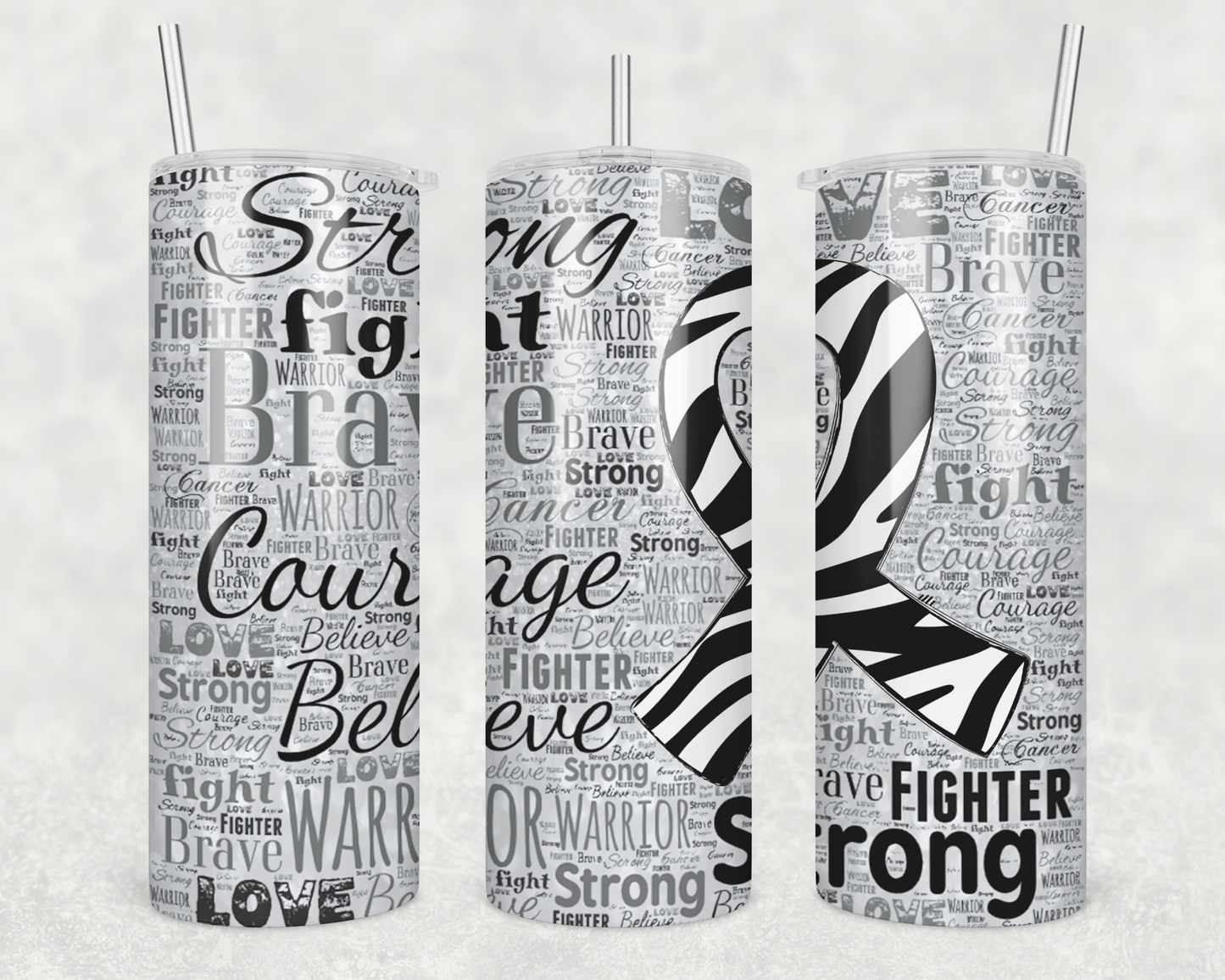 20 oz Skinny Tumbler Sublimation Glitter Awareness Ribbon Word Art Cancer Zebra Black Straight Design